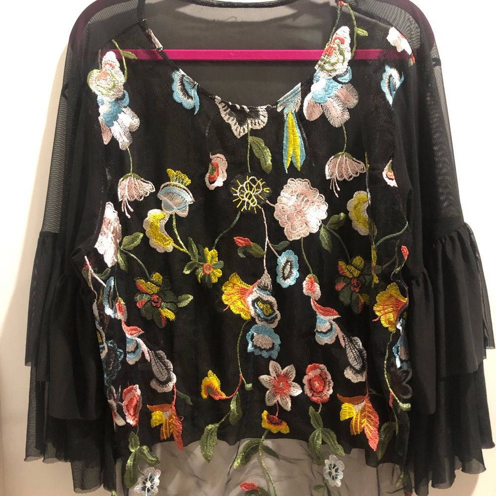 Black sheer embroidered blouse, flower detail